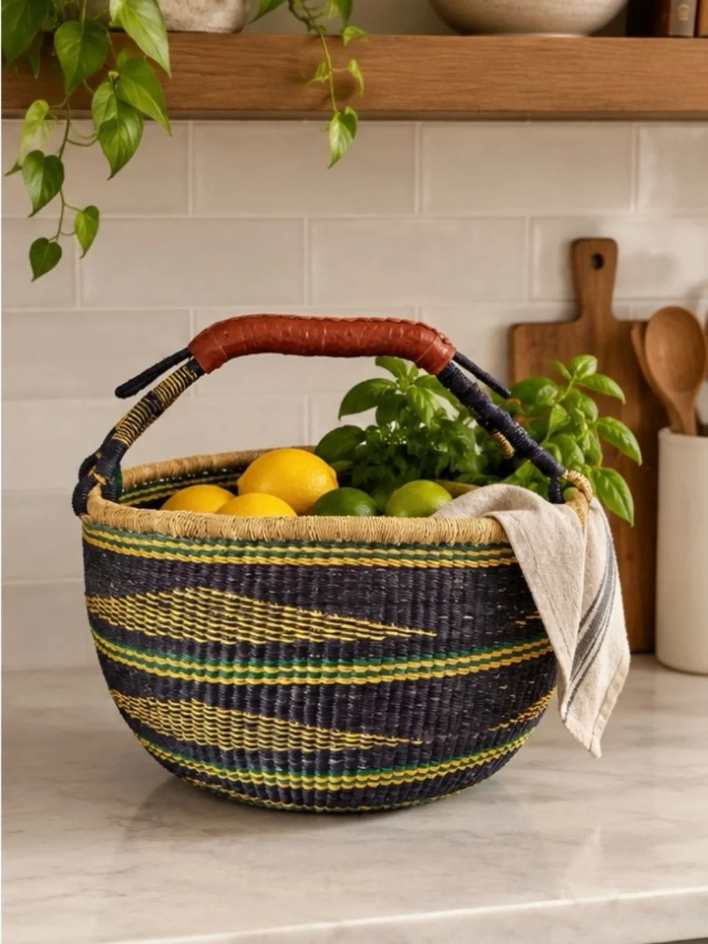 Large Bolga Basket Woven Striped Storage Basket Leather Handle Multicolor Ghana